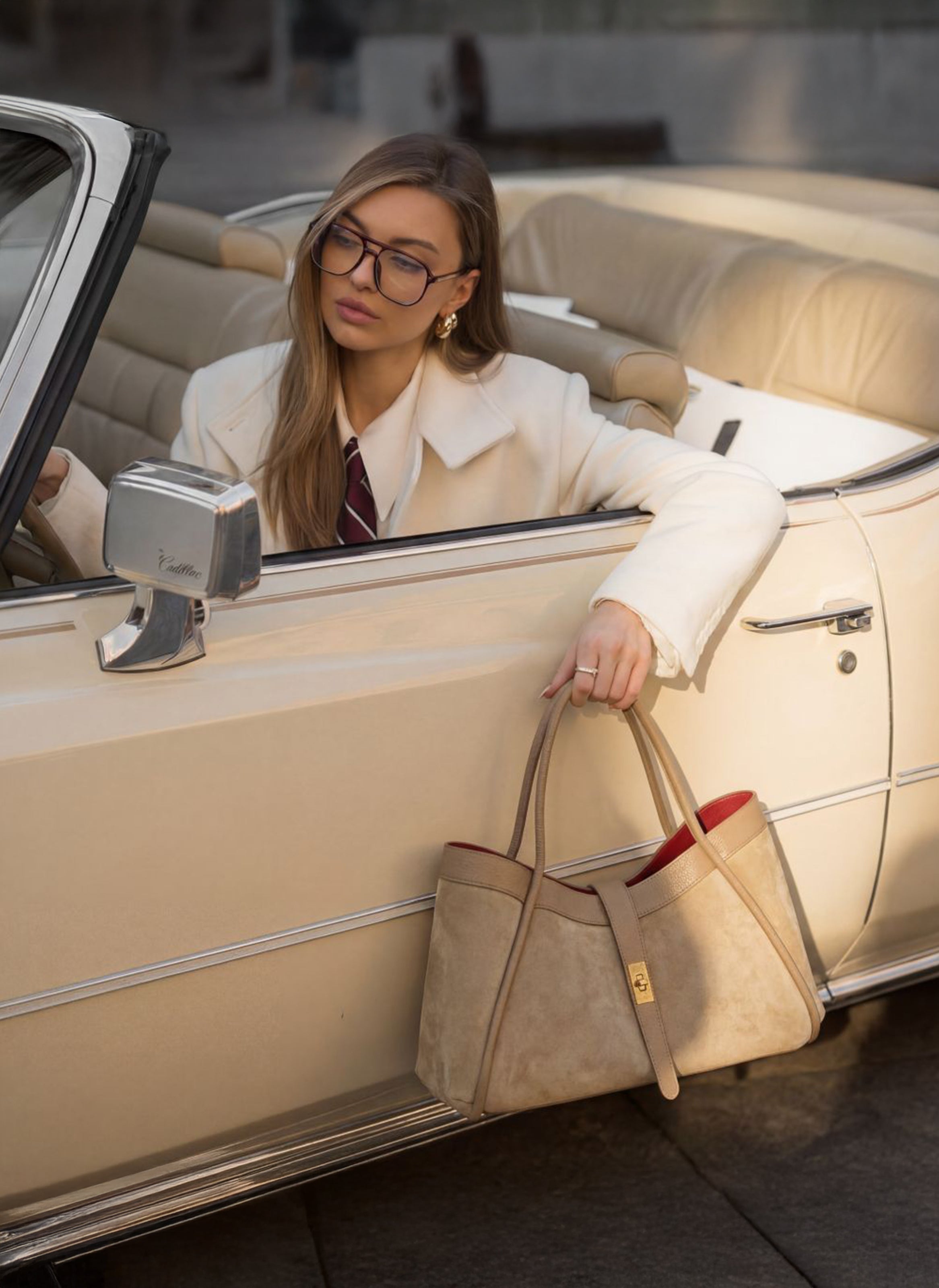 Borsa Mayfair in Camoscio e Pelle Togo Taupe chiaro